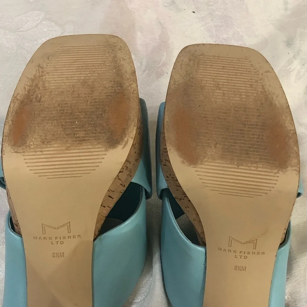 Marc Fisher Farlow Aqua Crisscross Platform High Cork Heel Sandals sz 8.5